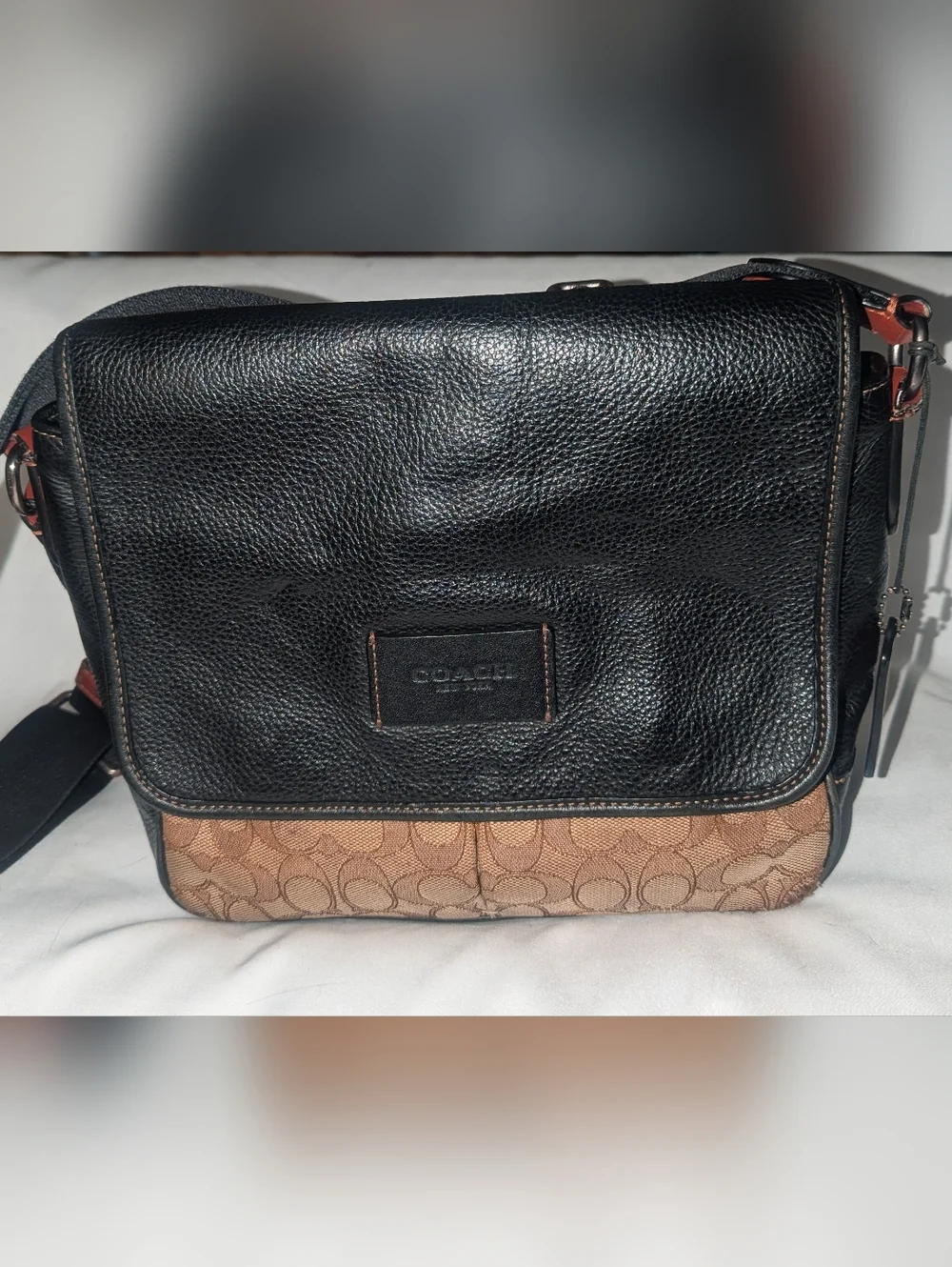 Coach Sprint Map Bag 25 Black Leather & Brown Signature Messenger Bag